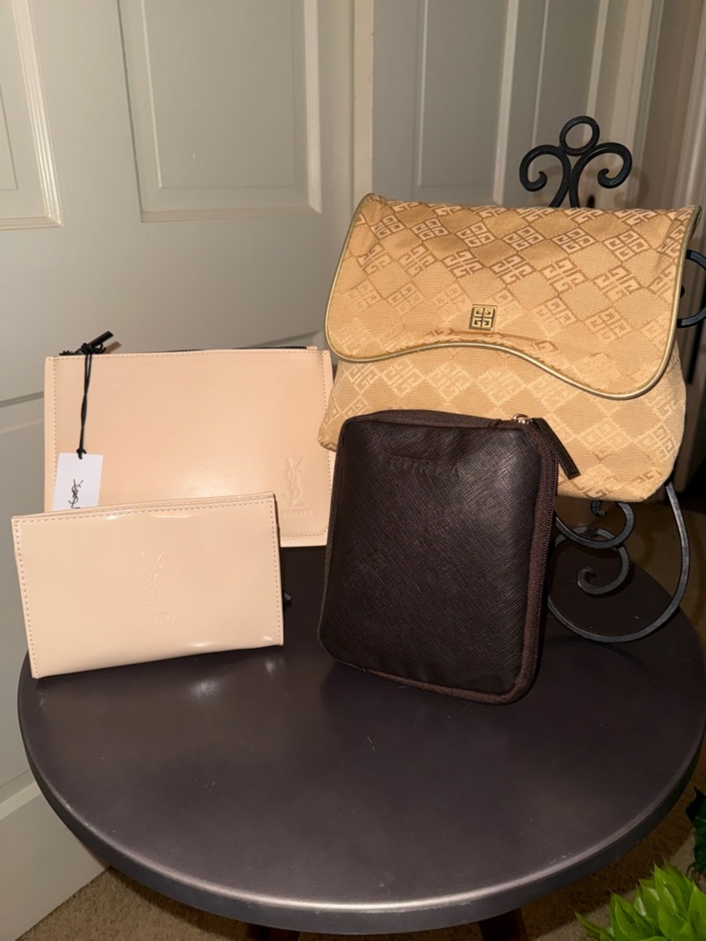 Lot of 4 Promo Designer Makeup Bags Gold Givenchy, Brown Furla and 2 Beige YSL